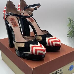Missoni Tessuto Zigzag Print Fabric Leather Platform Strap 5” Heels Shoes 7.5/38